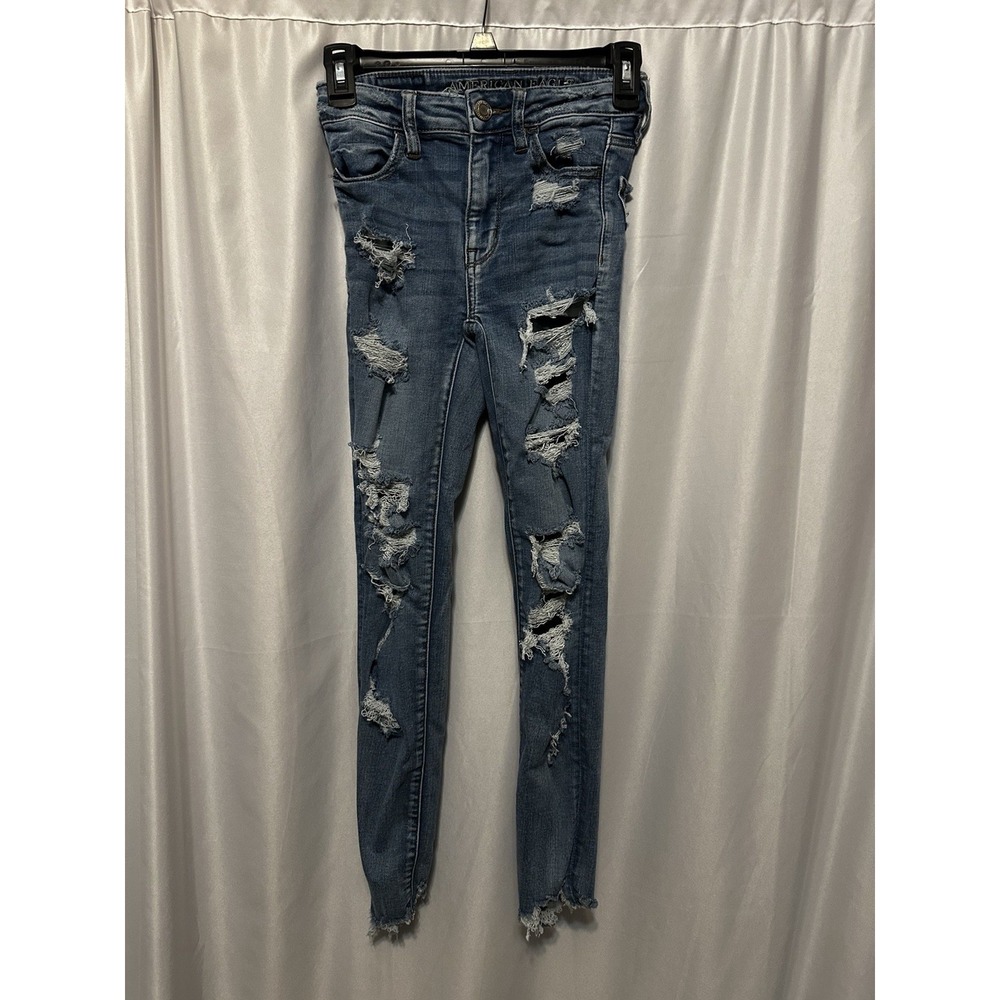 American Eagle Size 00 Regular Hi Rise Jeggings Blue Distressed Pockets Stretch
